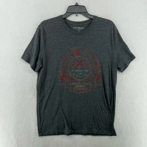 Lucky Brand T-Shirt Men Sz Medium Gray Red Logo Crew Neck Short Sleeve - Picture 1 of 11